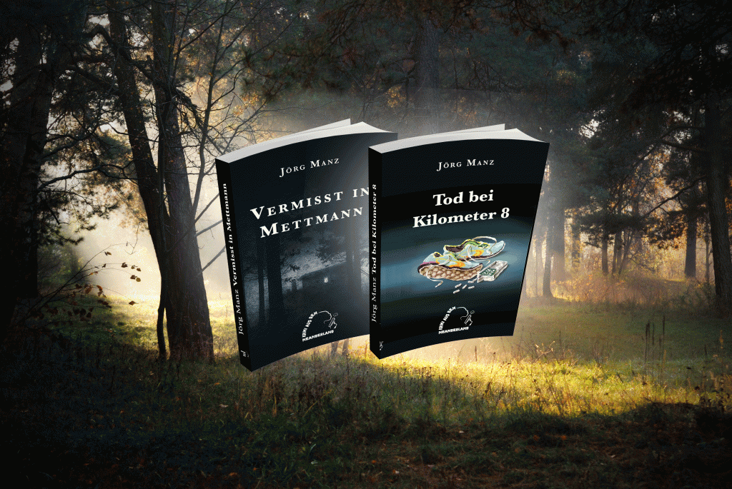 Bild eines Mischwaldes im Hintergrund - im Vordergrund die Bücher des Autors Jörg Manz mit dem Erstlingswerk Tod in Mettmann und dem anderen Titel Tod bei Kilometer 8 als Cover abgebildet