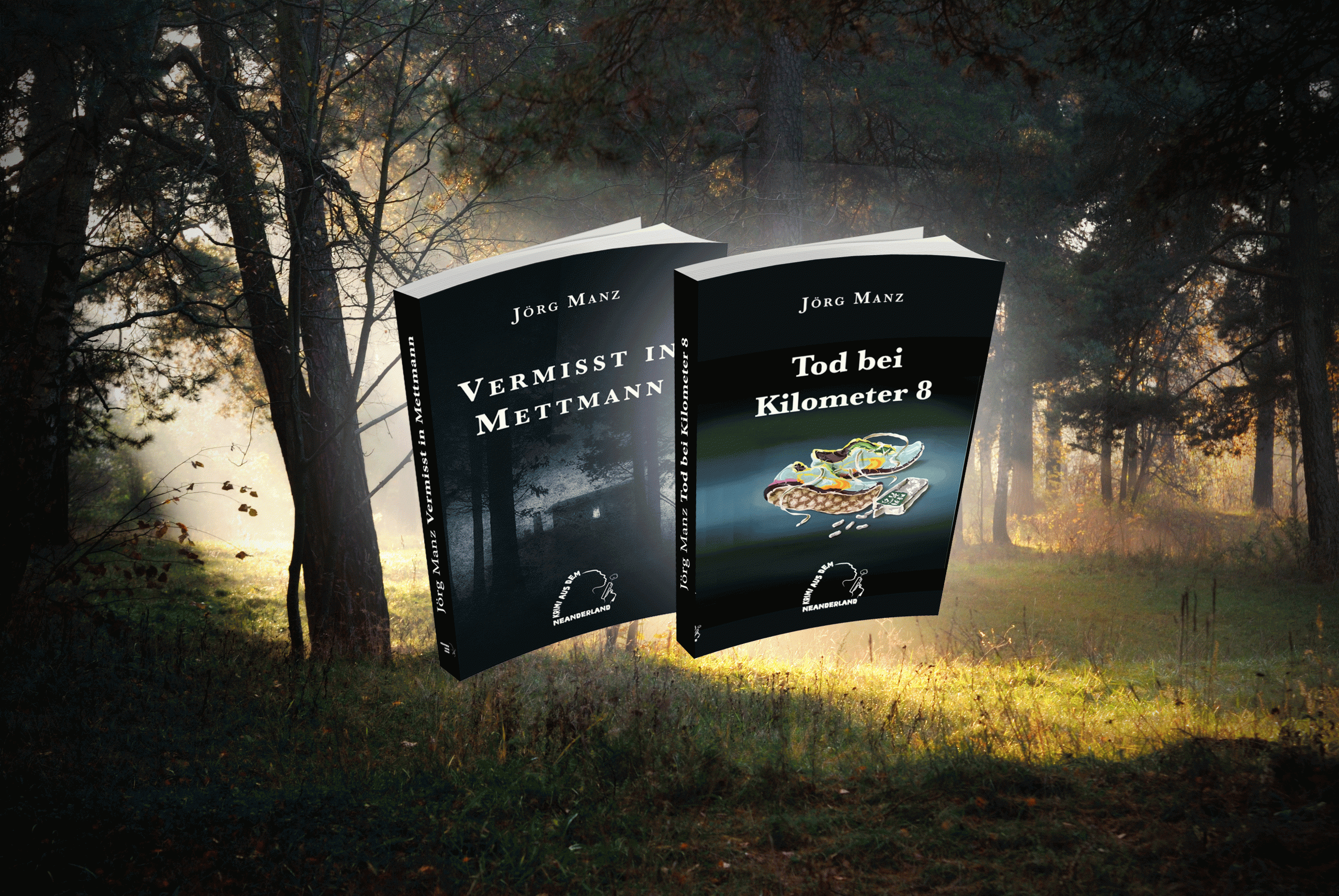 Bild eines Mischwaldes im Hintergrund - im Vordergrund die Bücher des Autors Jörg Manz mit dem Erstlingswerk Tod in Mettmann und dem anderen Titel Tod bei Kilometer 8 als Cover abgebildet